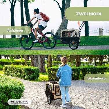 Mobiclinic® Причіп для собак на велосипед + візок для собак 2 в 1, до 40 кг, водовідштовхувальний тент, 123x67x100 см, відбивачі та прапорці, 600D Oxford, для маленьких та середніх собак