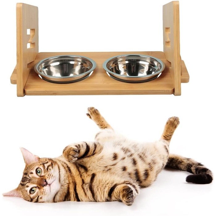 Підвищений годівниця для собак та котів 2-в-1, 4 регульовані висоти, антиковзкий стійкий підставка з нержавіючою чашею, підходить для всіх порід (бамбук)