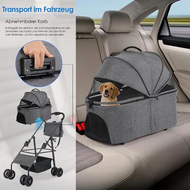 Візок для собак Mamizо 3-в-1, до 30 кг, з сумкою, поворотні колеса, для собак та котів, сірий