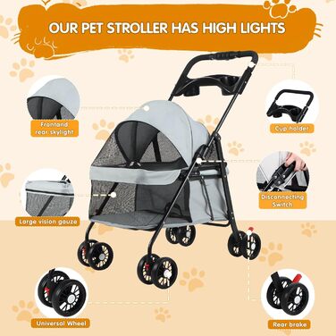 Дитяча коляска для тварин з 4 колесами, сіра: легка, складна, до 7,5 кг