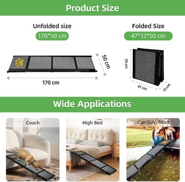 Рампа для собак Hunderampe Auto Klappbar: складана, 170 см, з антиковзким покриттям для собак маленьких, середніх та великих порід. Підходить для авто, SUV, вантажівок, диванів та ліжок