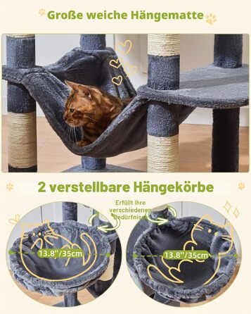 Комплекс для котів Taoqimiao XXL (193 см): Дряпка-стовпчик з будиночками, платформами, гамаком та кошиком, димчасто-сірий/темно-сірий