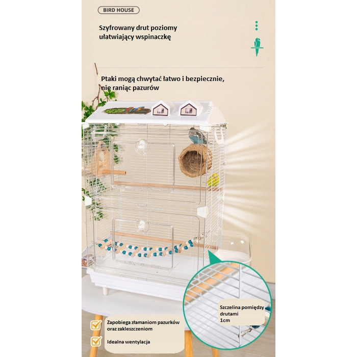 Прозора клітка для птахів 47x30x77 см + 8 аксесуарів, сіра