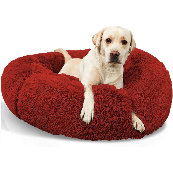 Кругле ліжко для собак Loir Fluffy, 70 см, червоне, м'яке плюшеве, для глибокого сну