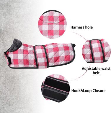 Водонепроникний собачий плащ Geyecete для такс, зимовий, з флісовою підкладкою, регульований, для вулиці, розмір M (довжина спини 42-45 см), в клітинку, рожевий
