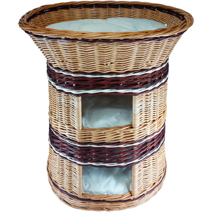 Плетене котяче ліжко з лози, 3-ярусне, з подушкою бежевого кольору