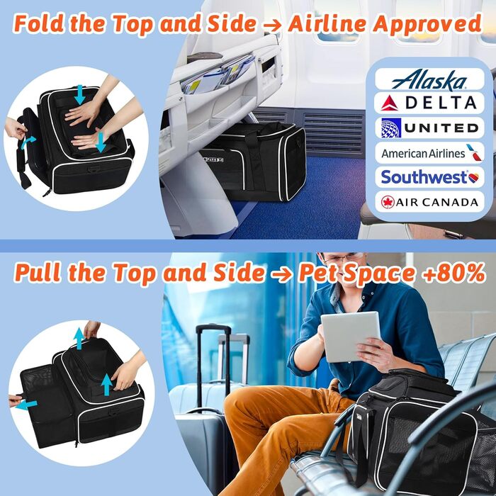 Трансформер для тварин Petskd: розширювана переноска для котів та собак, 43.2 x 28.9 x 24.5 см, схвалена авіакомпаніями, чорна