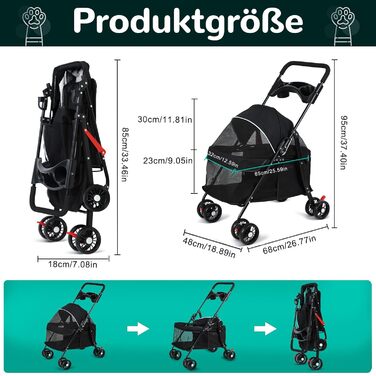 Візок для собак та котів 2-в-1 до 15 кг, складний, з гальмом, тримачем для напоїв та місцем для зберігання, для подорожей та прогулянок, 49.5×69.5×98 см