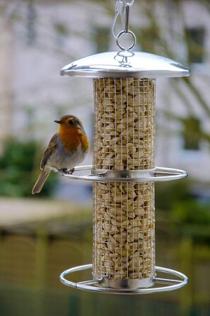 Годівниця для птахів Dobar® 10041 з нержавіючої сталі - годівниця для диких птахів, годівниця для горіхів з сіткою - сталева годівниця для саду/тераси/балкону, Ø 14 см x 26 см, срібна, 1 шт.