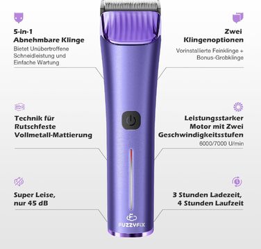 Професійна машинка для стрижки собак FuzzyFix з запасним лезом, 5-в-1, знімає шерсть з собак, котів та коней, лілова