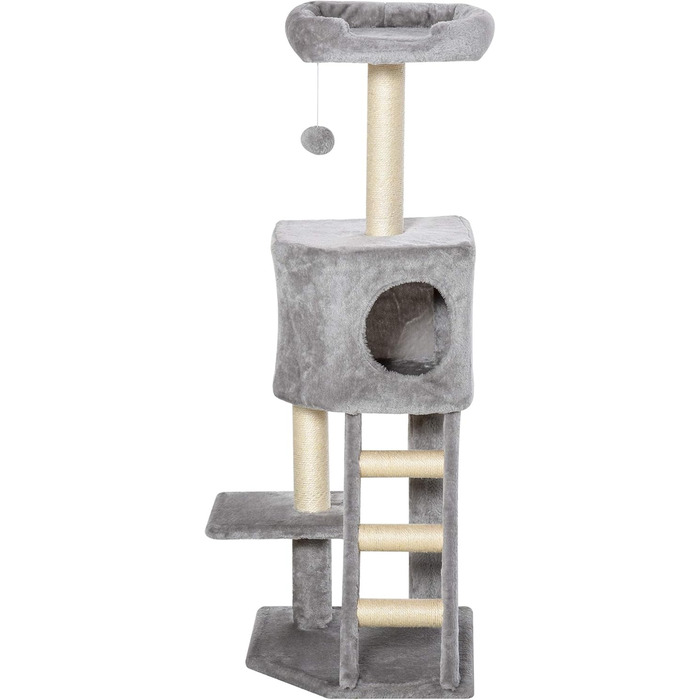 Кігтеточка PawHut 120 см для котів з будиночком, іграшкою, сизалевими стовпцями, платформою та сходами, багатоярусна, сірого кольору