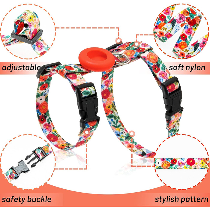 Шлейка та поводок для котів, анти-вислизання, для прогулянок, подорожей, на вулицю, м'який нейлон, регульована, милий комплект шлейки з тримачем Airtag, для кошенят та великих котів. Розмір шиї: 19-31 см, груди: 27-46 см, квітковий принт