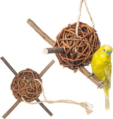 Набір 2 плетених куль з лози з сіном 10 см Vogelgaleria для папуг — іграшка для клітки, ручна робота, аксесуар для гризіння та лазіння