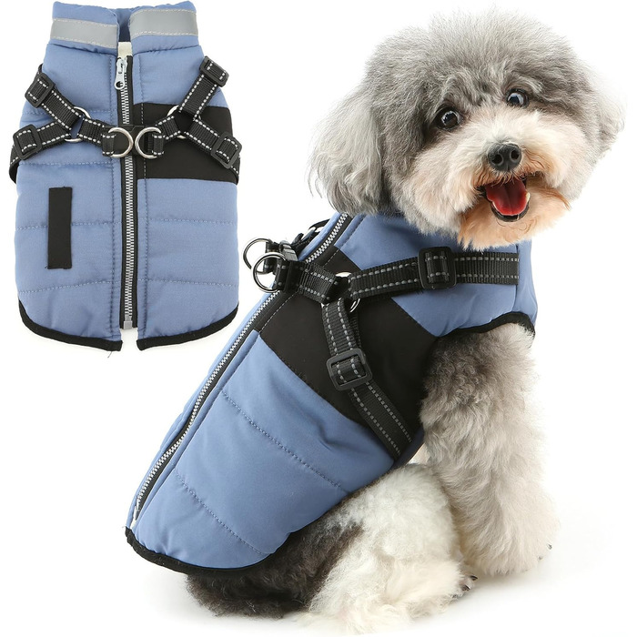 Зуена Тепла куртка для собак на зиму з поворотком для шлейки, світловідбиваючі елементи, водонепроникна, флісова підкладка, XS/S, блакитна