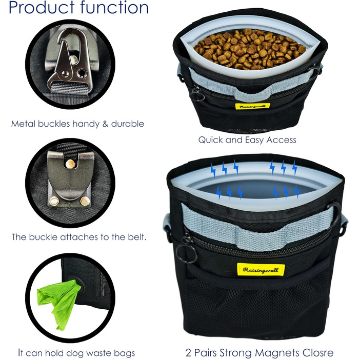 Сумка для ласощів для собак, багатофункціональна сумка для прогулянок з силіконовим кишеньком, мішок для корму для дресирування собак та дозатор ласощів, ідеальна для активного відпочинку на природі (Чорний, 4 відділення)