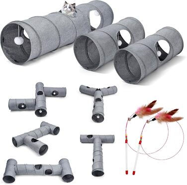 Туннель для котів Odoland з льону, складаний, з м'ячиком. Іграшка для котів, цуценят та дрібних тварин. Сірий колір