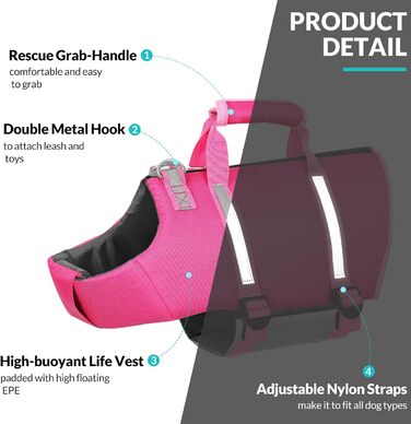 Жилет для плавання собак Queenmore XL, рятувальний жилет для собак, жилет для собак, плавання, човнові прогулянки, для цуценят, легкий, регульований, світловідбиваючий, з задньою блискавкою, рятувальний ручка, X-Large, фуксія