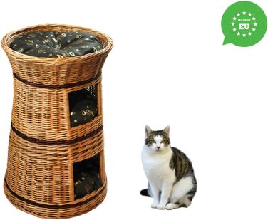 Кошик-будиночок для котів та собак із лози, круглий 50 см, три рівні, з темно-коричневою подушкою, натуральний колір