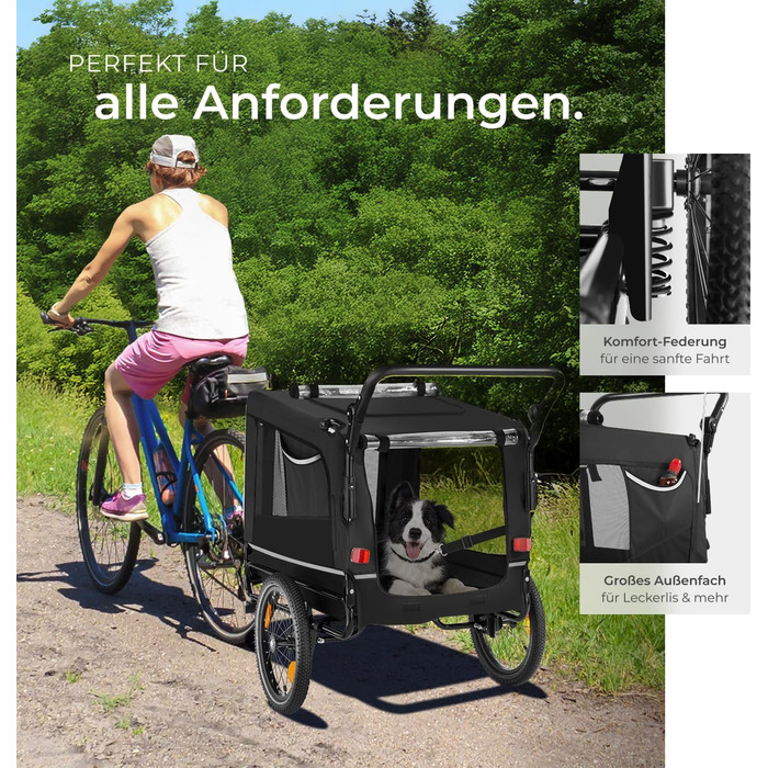 Причіп для велосипеда Tectake® - універсальний, для собак, велосипеда, електровелосипеда, візка, вантажопідйомність до 40 кг, складаний, швидкий монтаж, з аксесуарами безпеки, чорний