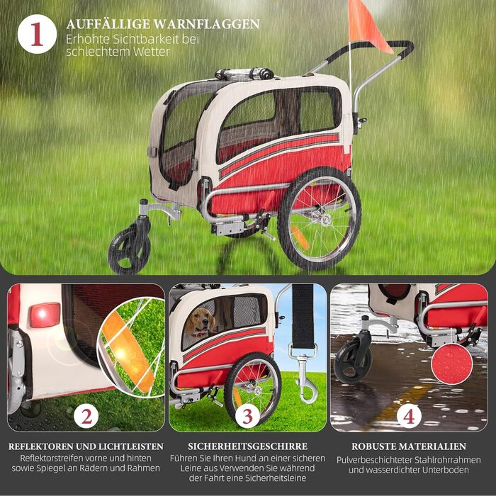 Причеп-біговий візок для собак 2-в-1, до 30 кг, складний, з гальмами, сигнальним прапорцем, для активного відпочинку та дому, червоний