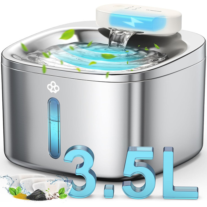 Бездротовий фонтан для котів oneisall 3.5L з нержавіючої сталі, акумулятор 5000mAh, з датчиком руху, тиха помпа, 3 фільтри