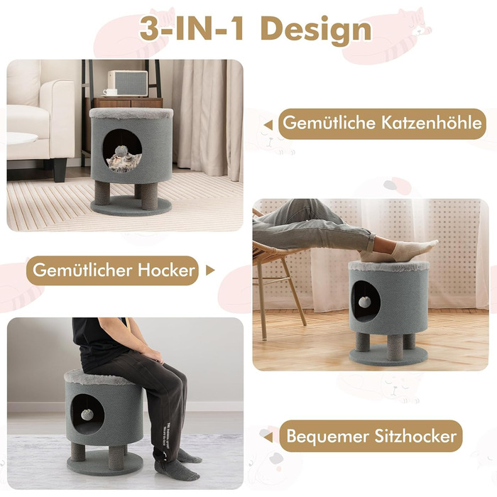 Драбина-кіготник для котів COSTWAY з будиночком та м'яким сидінням, сірий, 40x40x47 см