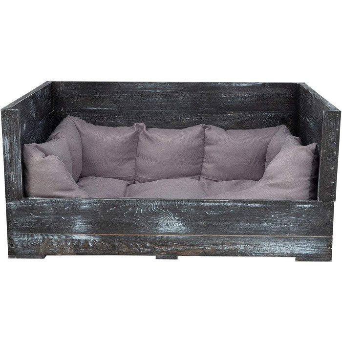 Собаче ліжко Kistenkolli Altes Land Balu з дерева з подушкою, корзина для собак, лежанка, вінтажний диван для собак, білий (90x57x45 см, Shabby Schwarz)