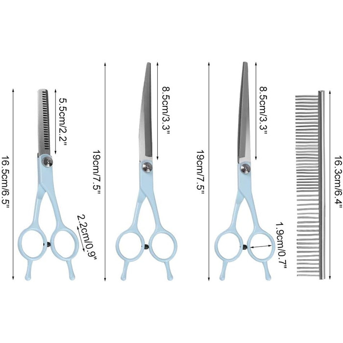 Набір професійних ножиць для грумінгу собак та котів 5-в-1, нержавіюча сталь, з гребінцем для догляду за шерстю, блакитний