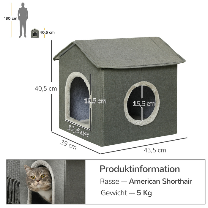 PawHut Cat Cave House у формі з подушкою, яку можна мити, затишна печера для обіймів для котів з двома дверима, 39 x 43.5 x 40.5 см, сірий