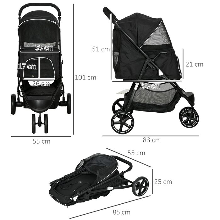 PawHut Buggy для собак та котів, чорний, 83x55x101 см, складна конструкція, EVA колеса, регульований кермо, корзина