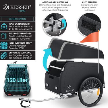 Причіп для велосипеда KESSER® вантажний, 120 літрів, сірий/чорний, з дахом та складною високою тягою