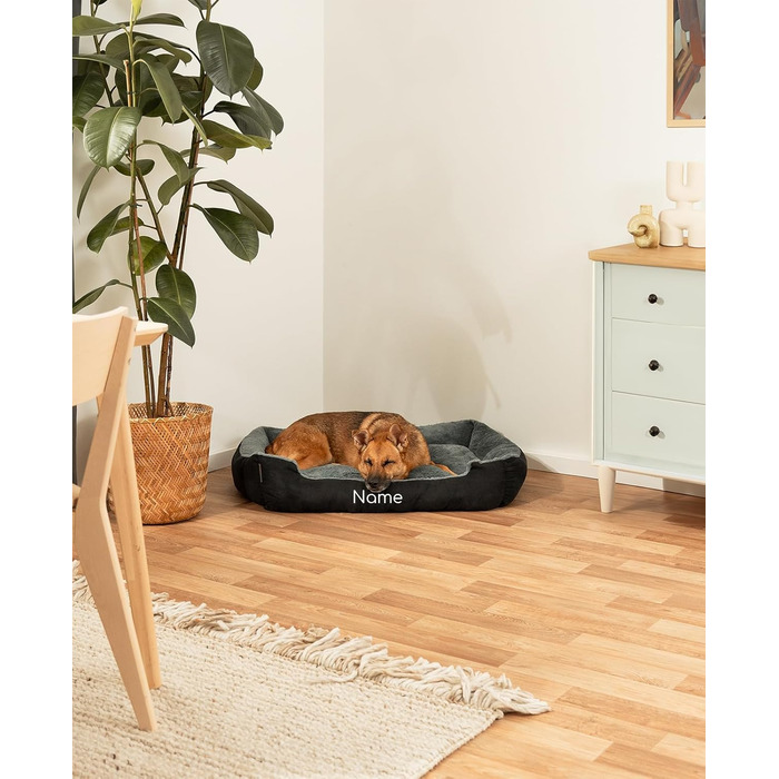 Килимок для собак Lionto з двостороннім подушками та неслизьким дном, міцний лежак для домашніх тварин з глибоким входом, підходить для собак та котів будь-якого віку, 50x37 см, м'який лежак для собак, (Д 90 x Ш 70 x В 20 см (з нанесенням імені), чорний/с