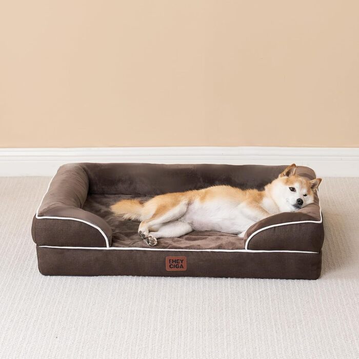 Ортопедичне ліжко для собак великих порід, 104x69 см, з піною з пам'яті, кошик для собак середніх порід, миється, водонепроникне, з неслизьким покриттям, диванчик для собак з високим бортиком, коричневий, розмір L 104 x 68.5 x 17 см