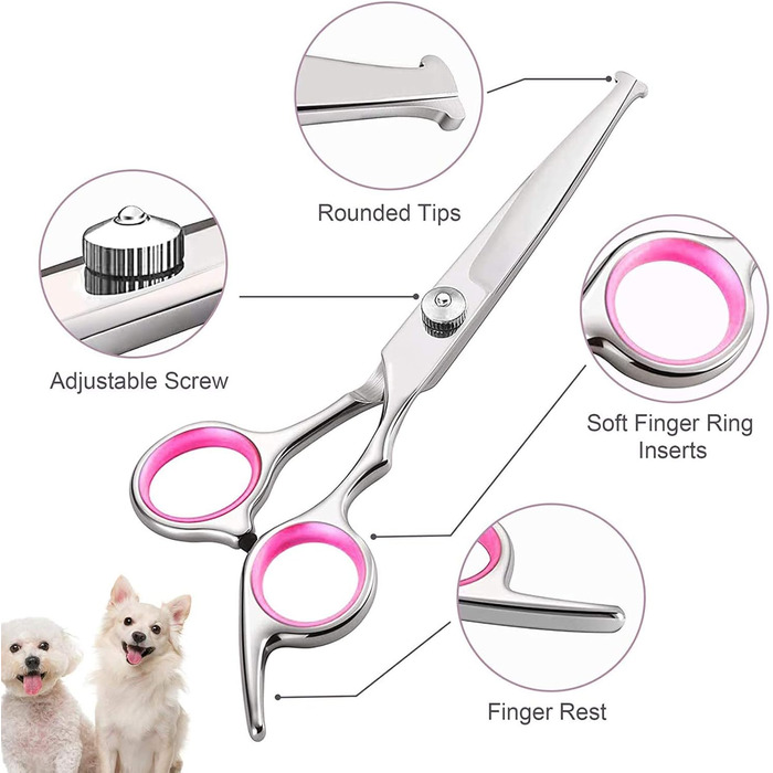 Набір професійних ножиць для собак з безпечним круглим наконечником, для грумінгу та стрижки шерсті. З набором для фінальної обробки. Підходить для собак та котів. Нержавіюча сталь, рожевий колір